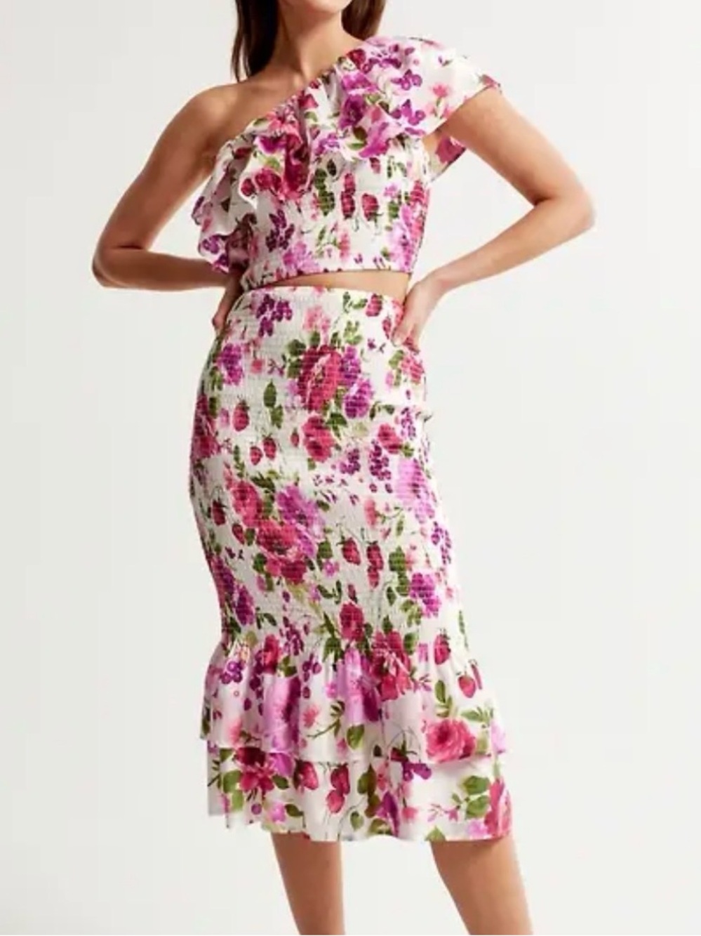 NWT Abercrombie & Fitch White Floral Pink Smocked Top and Midi Skirt Set